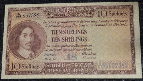 South Africa 10 Shillings (Tien Sjielings) MH De Kock 1959 A177 857382 Banknote AU-UNC condition