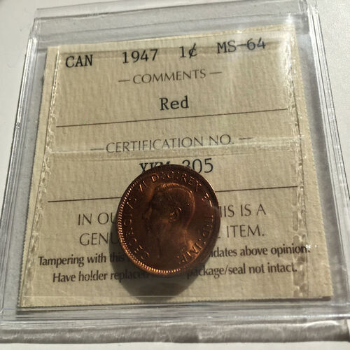 1947 Canada 1-Cent ICCS Graded MS-64 RED