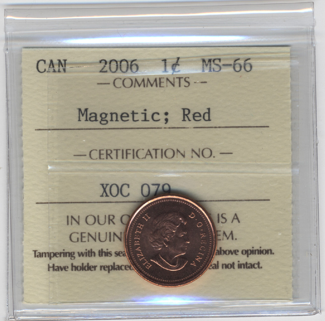 2006 Canada 1-Cent ICCS MS66 RED No P No Logo Magnetic