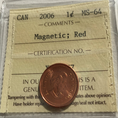 2006 Canada 1-Cent ICCS MS64 RED No P No Logo Magnetic ERROR