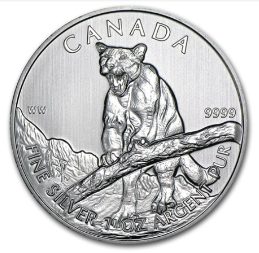 2012 Canada $5 Cougar 1oz Pure Silver Coin -Some Milk Spots and/or Minor Toning