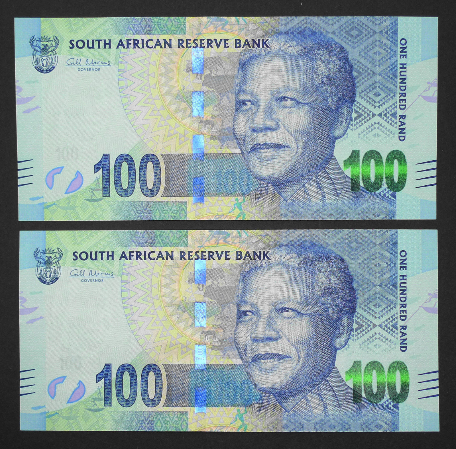 South Africa One Hundred Rand Mandela - 2xUNC Notes in Sequence