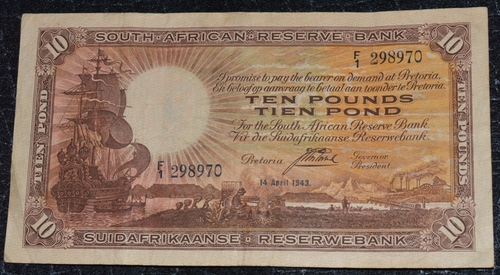 South Africa Ten Pounds (Tien Pond) F1 298970 Postmus 14 April 1943 large Banknote - VF