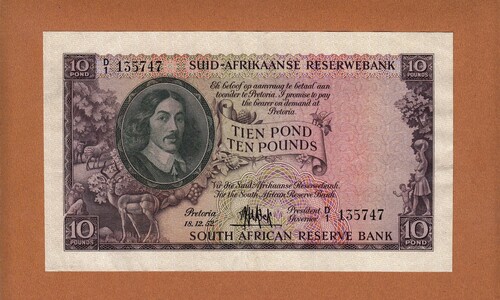 South Africa Ten Pounds (Tien Pond) D1 135747 MH De Kock 18-12-1952 EF-AU large Banknote