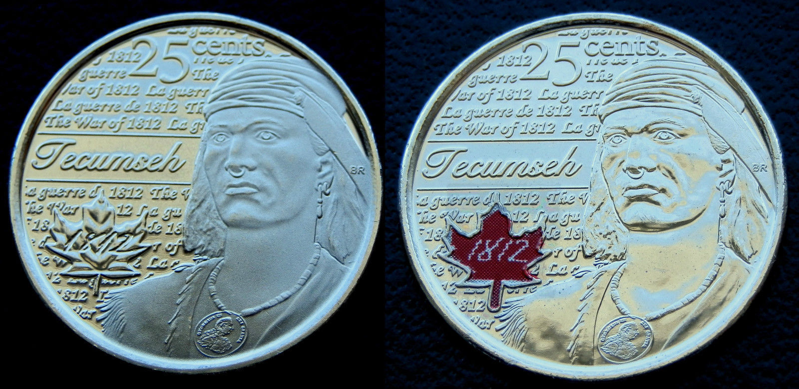 2012 Canada Tecumseh War of 1812 25-cent 2-coin set (Colored & Plain)