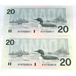 1991 $20 Knight-Dodge BC-58d - 2 x Consecutive UNC Notes