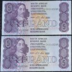 South Africa CL Stals R5 5-Rand 2x BU Banknotes IN SEQUENCE!!